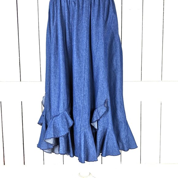 Vintage Dresses & Skirts - Vintage blue ruffle flowy long denim jean skirt
